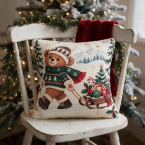 Cojín navideño Oso y paisaje de invierno – NAV017